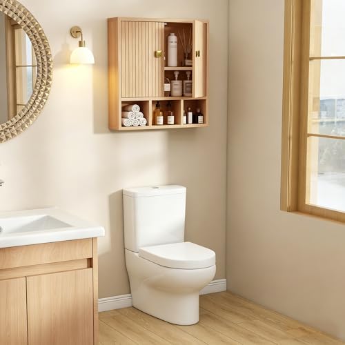 Bathroom Wall Cabinet,Wooden Medicine Cabinet with Fluted Doors Over The Toilet Storage Cabinet with Adjustable Shelf for Bathroom (Wood) - color: Wood Block