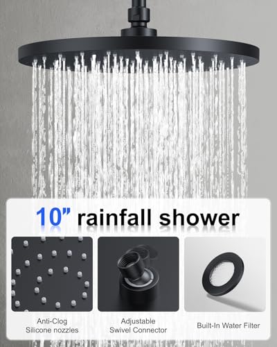 Iriber Matte Black Shower head with Handheld,8"+10" Rain Shower Faucet Set | 10 Inch Ceiling +8 Inch Wall Mount Dual Shower Heads,Push Button Diverter,3 Setting Handheld,Pressure Balance Valve Cartridge - color: Matte Black 06