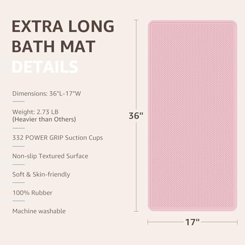 OTHWAY Bathtub Mat Non Slip, Extra Long Rubber Bath Mat for Tub, Machine Washable Shower Anti Slip Mat with 332 Strong Suction Cups (Pink, 36" x 17") - color: Pink, size: 36" x 17" (Rectangular)
