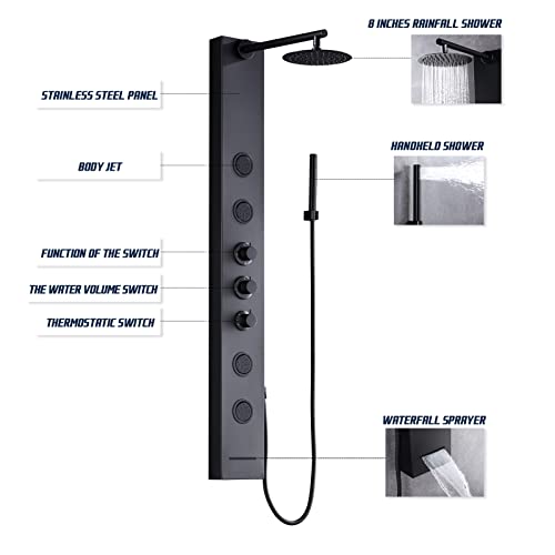 Achelous Round Rainfall Shower Head Panel System with Thermostatic,Stainless Steel High Pressure Turbo Body Jets Waterfall Shower Tower,Brass Handheld Wand in Matte Black - style: Round