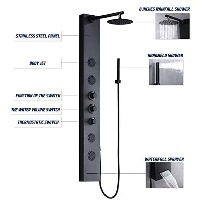Achelous Round Rainfall Shower Head Panel System with Thermostatic,Stainless Steel High Pressure Turbo Body Jets Waterfall Shower Tower,Brass Handheld Wand in Matte Black - style: Round