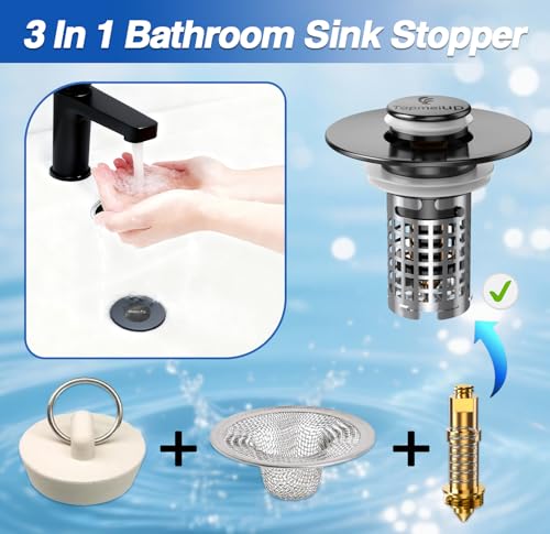 Bathroom Sink Drain Strainer, Pop-up Sink Drain Strainer with Removable Stainless Steel Strainer Basket Hair Catcher, Bathroom Sink Strainer for Bathroom Sink Stopper Replacement - color: Black