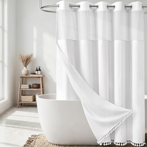 White Ringless Boho Stripe Tassel Shower Curtain with Snap Liner 72x75 | Heavy Duty Linen Blend, 3 in 1 Shower Curtain Set, Farmhouse Style, Waterproof & Washable, Mesh Top Window, Easy to Install - color: White, size: 72"W x 75"L (Pack of 1)