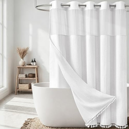 White Ringless Boho Stripe Tassel Shower Curtain with Snap Liner 72x75 | Heavy Duty Linen Blend, 3 in 1 Shower Curtain Set, Farmhouse Style, Waterproof & Washable, Mesh Top Window, Easy to Install - color: White, size: 72"W x 75"L (Pack of 1)