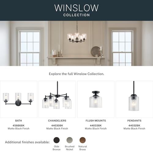 Kichler Winslow 4-Light Farmhouse Vanity Light, Black | Clear seeded glass vanity light with industrial styling (30" x 9.25" x 6.5"), 45887BK - color: Black, size: 30"