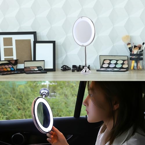 FRCOLOR Rotating 360° Makeup Mirror with Suction Cup 10x Magnifying Vanity Mirror LED Lighted Cosmetic for Bathroom and Travel Use