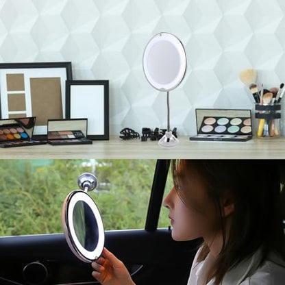 FRCOLOR Rotating 360° Makeup Mirror with Suction Cup 10x Magnifying Vanity Mirror LED Lighted Cosmetic for Bathroom and Travel Use