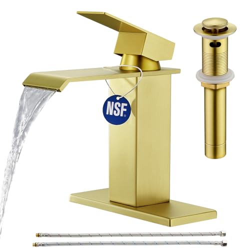 CREA Brushed Gold Bathroom Faucet 1 Hole,Gold Waterfall Bathroom Faucet Single Handle Bathroom Sink Faucet with Drain Stopper/ 3 Hole Deck Plate,RV Basin Vanity Faucet,Stainless Steel - color: Brushed Gold, style: Wide Spout