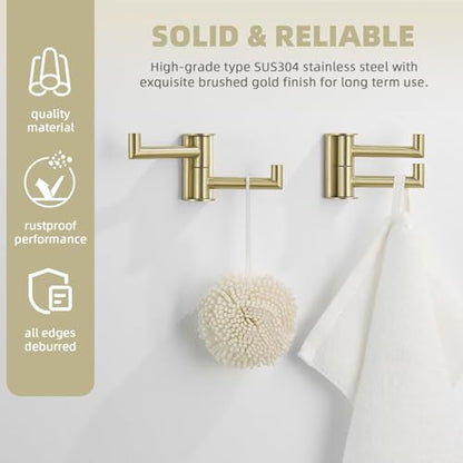 Angle Simple Swivel Hooks, Robe Towel Hook Brushed Gold, 2 Pack | Sturdy SUS304 Stainless Steel, Foldable Hand Towel Holder for Bathroom Kitchen Closet RV, Screws Wall Mount - color: Brushed Gold, size: 2 Pack