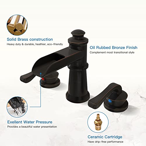 BWE Oil Rubbed Bronze Widespread Waterfall Bathroom Faucet, 3-Hole, Brass | Waterfall Spout, Dual Handle, 3-Hole 8-16 Inch Adjustable Widespread, Ceramic Cartridge, Pop-Up Drain Included, DIY Install - color: Oil Rubbed Bronze