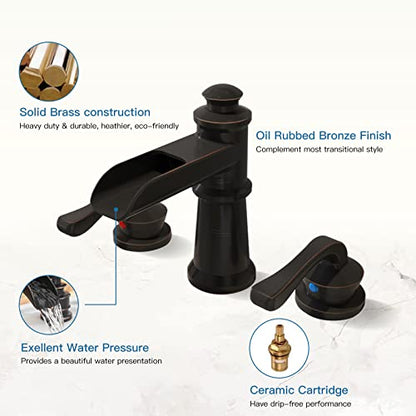 BWE Oil Rubbed Bronze Widespread Waterfall Bathroom Faucet, 3-Hole, Brass | Waterfall Spout, Dual Handle, 3-Hole 8-16 Inch Adjustable Widespread, Ceramic Cartridge, Pop-Up Drain Included, DIY Install - color: Oil Rubbed Bronze