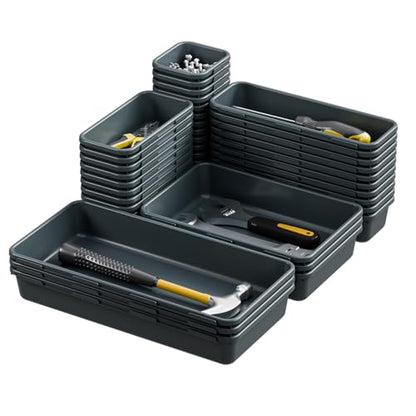 BYCY 38PCS Interlocking Desk Drawer Organizer Tray Divider Set, Plastic Black Desk Organizer Separator, Office Drawer Dividers Storage Bins for Office Bathroom Kitchen (38pcs 5Size) - size: 38pcs 5Size
