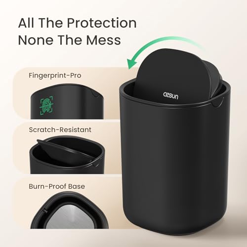 Cesun Mini Desktop Trash Can with Swing Lid, 0.4 Gal Desk Trash Can, Black | Removable Lid, Tiny Garbage Can for Tabletop/Counter/Home Office/Makeup Area/Car Interior, Odor Seal, Stain Resistant, Sturdy - color: Black