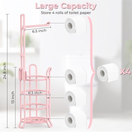 TomCare Toilet Paper Holder Stand Free Standing, Holds 4 Mega Rolls, Pink | Tool-Free Assembly, Detachable Metal Wire Frame, Powder-Coated Finish, Easy Storage and Flexible Bathroom Placement - color: Pink, size: Standard