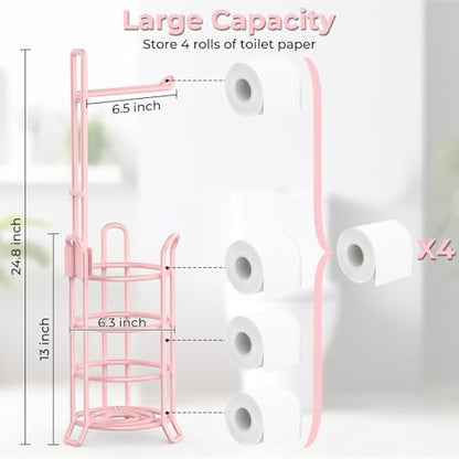 TomCare Toilet Paper Holder Stand Free Standing, Holds 4 Mega Rolls, Pink | Tool-Free Assembly, Detachable Metal Wire Frame, Powder-Coated Finish, Easy Storage and Flexible Bathroom Placement - color: Pink, size: Standard