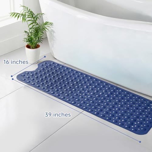 Wirhao Bathtub Mat Non Slip Shower Mat 39×16 Inches Bath Mat for Tub Machine Washable Tub Mat Large for Bathroom with Suction Cups and Drain Holes Blue - color: Navy Blue