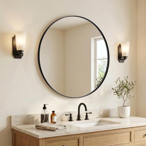 Black Round Mirror Bathroom Mirrors, 28 Inch Vanity Mirror with Rust-Poof SUS304 Frame, Matte Black Mirror for Living Room, Powder Room, Entryway - color: Black, size: 28"L x 28"W