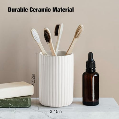 Toothbrush Holders for Bathrooms, Ceramic Tooth Brush Holder Set, Ribbed Bathroom Cups Tumbler, Reusable Toothbrush Mouthwash Cup, Toothpaste Holder Toothbrush Organizer for Bathroom Counter - color: Ribbed-white
