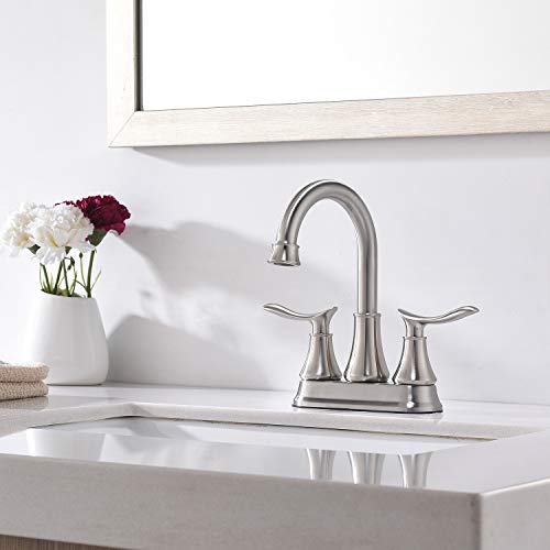 KINGO HOME Modern Brushed Nickel 2-Handle Bathroom Faucet, 4 inch Centerset RV Bathroom Sink Faucet Lavatory Bath Sink Vanity Faucet with Water Supply Lines and Pop Up Drain - color: Brushed Nickel
