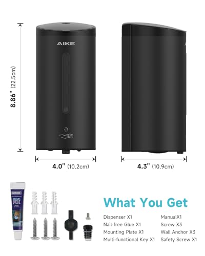 AIKE Automatic Foaming Soap Dispenser 25oz for Bathroom,Matteblack AK1205FA | Rich Foam and Stainless Steel,No-drill and Screw Wall Mount,5-Level Adjustable and Key for Commercial(Batteries Not Included) - color: Matte Black Stainless Steel
