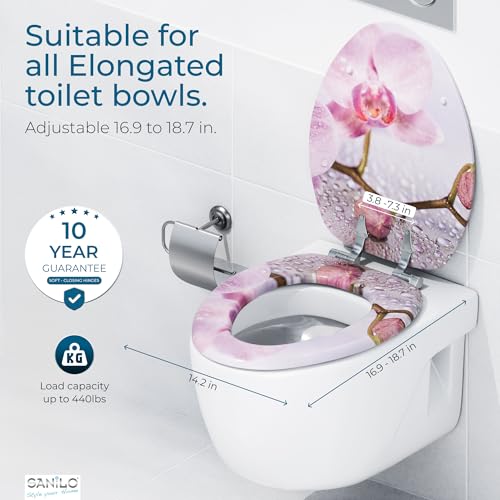 SANILO Wooden Toilet Seat with Soft Close [ELONGATED] - Decorative, Quiet & Slow Close Molded Wood Seat - With Strong Bumpers & Hinges - Adjustable Fit - Blooming - color: Blooming