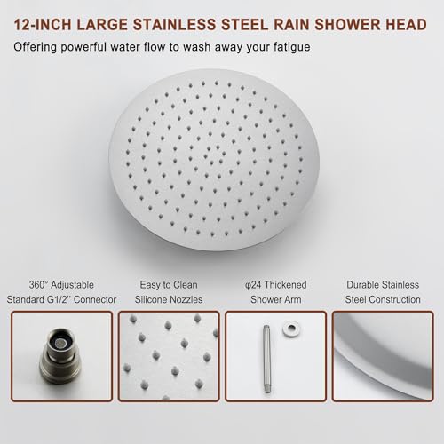 MONDAWE 12 Inch Ceiling Mounted Shower System in Brushed Nickel, 3-Function Shower Faucet Set with Rainfall Dual Shower Head and High Pressure Handheld Spray, All Function Can be Used At the Same Time - color: Brushed Nickel