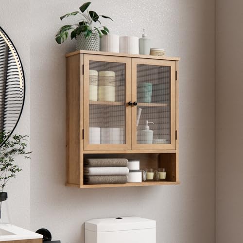 Bathroom Medicine Cabinet, Bathroom Wall Cabinet, Bathroom Cabinet Wall Mount, Medicine Cabinets for Bathroom with Glass Door - color: Wood Color
