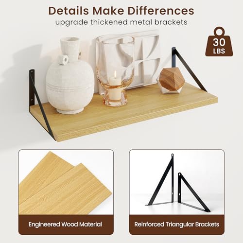 Deep Floating Shelves, 24'' x 10'' Oak Wall Shelves Set of 2 | 10 Inch Deep Shelves with Heavy Duty Brackets, Rustic Wood Shelves for Bathroom Living Room, Engineered Wood, 40LBS - color: Oak, size: 24W x 10D