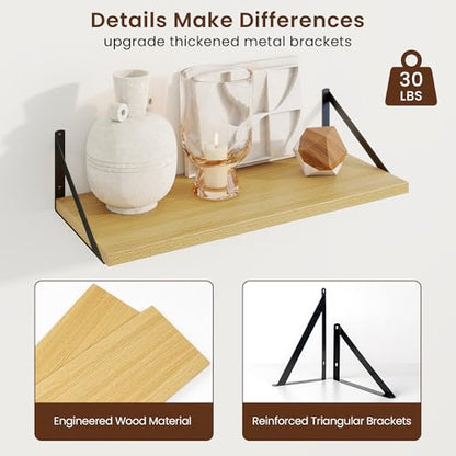 Deep Floating Shelves, 24'' x 10'' Oak Wall Shelves Set of 2 | 10 Inch Deep Shelves with Heavy Duty Brackets, Rustic Wood Shelves for Bathroom Living Room, Engineered Wood, 40LBS - color: Oak, size: 24W x 10D