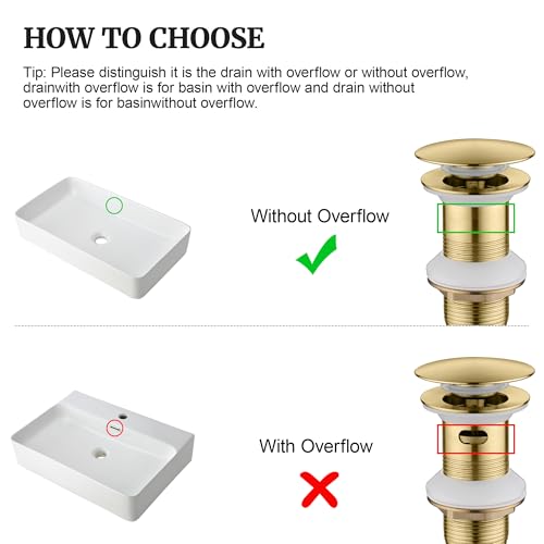 Pop up Sink Drain Stopper Without Overflow Brushed Gold for Bathroom Vessel Vanity Sink Art Basin, Big Cap Sink Drain Without Overflow, Metal Pop-up Drain Strainer with Detachable Basket Stopper - color: Gold Brushed, style: without overflow