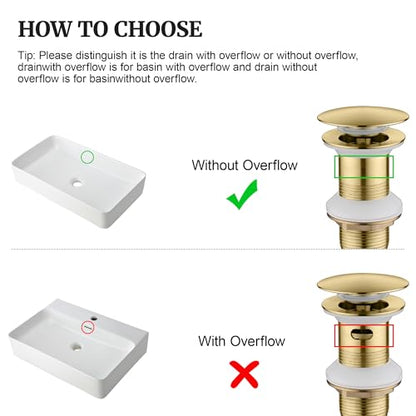 Pop up Sink Drain Stopper Without Overflow Brushed Gold for Bathroom Vessel Vanity Sink Art Basin, Big Cap Sink Drain Without Overflow, Metal Pop-up Drain Strainer with Detachable Basket Stopper - color: Gold Brushed, style: without overflow