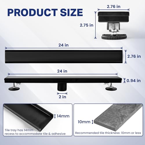 Linear Shower Drain 24 inch Matte Black with 2-in-1 Flat & Tile Insert Cover - 304 Stainless Steel Shower Floor Drain - Linear Drain with Reversible Cover & Hair Catcher - Includes Cleaning Tools - color: Matte Black