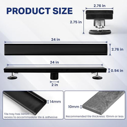 Linear Shower Drain 24 inch Matte Black with 2-in-1 Flat & Tile Insert Cover - 304 Stainless Steel Shower Floor Drain - Linear Drain with Reversible Cover & Hair Catcher - Includes Cleaning Tools - color: Matte Black