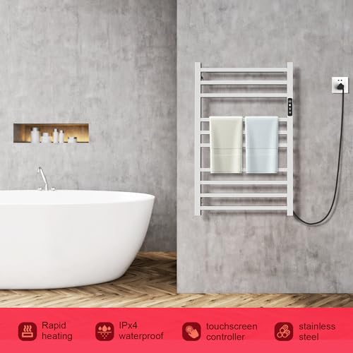 Towel Warmer,304 Stainless Steel Compact Towel Warmer Rack for Bathroom -10 Bars Wall Mounted Towel Heater with Intelligent Touch Screen Timer, Hard Wired/Plug-in, (Compact Design)