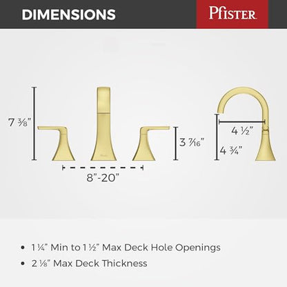 Pfister Bruxie 8 in Widespread 3 Hole Bathroom Sink Faucet with Push & Seal Drain, 2 Handle Brushed Gold Finish, NSF Certified Water Efficient WaterSense LF049BIEBG