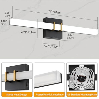 Modern Black and Brass Vanity Light Bar 24 Inch, 16W 5CCT Dimmable Bathroom Light Fixtures LED Wall Lighting Fixture - color: Black+Brass, size: 24 inch