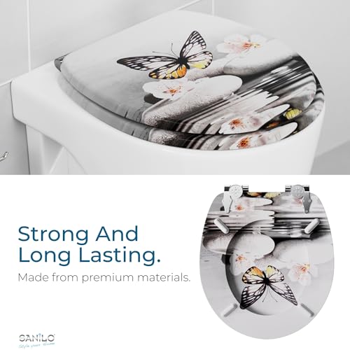 SANILO Wooden Toilet Seat with Soft Close [ROUND] - Decorative, Quiet & Slow Close Molded Wood Seat - With Strong Bumpers & Hinges - Adjustable Fit – Vanesa - color: Vanesa
