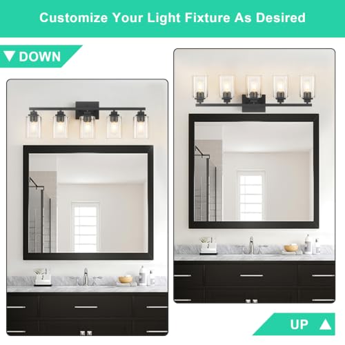 Matte Black Bathroom Vanity Light, 5-Light Modern Vanity Lighting Fixtures Over Mirror with Clear Glass Shade,Square Design,Wall Sconces for Living Room Cabinet Bedroom,E26 Socket - size: 5-Light