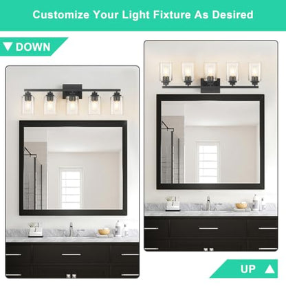 Matte Black Bathroom Vanity Light, 5-Light Modern Vanity Lighting Fixtures Over Mirror with Clear Glass Shade,Square Design,Wall Sconces for Living Room Cabinet Bedroom,E26 Socket - size: 5-Light