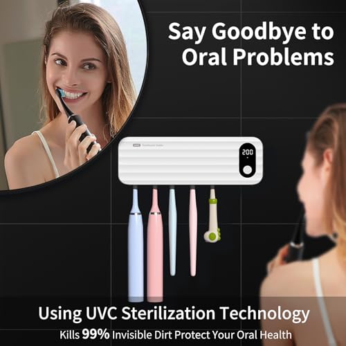 Toothbrush Sanitizer and Holders, UV Toothbrush Sanitizer Holder for Bathroom with 5 Slot, Timer Function, 2000mAh Rechargeable Toothbrush Cleaner Holder Wall Mounted Without Drilling
