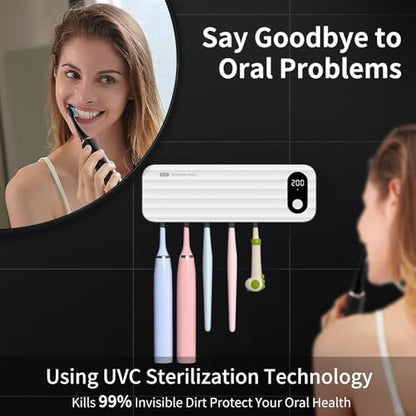 Toothbrush Sanitizer and Holders, UV Toothbrush Sanitizer Holder for Bathroom with 5 Slot, Timer Function, 2000mAh Rechargeable Toothbrush Cleaner Holder Wall Mounted Without Drilling