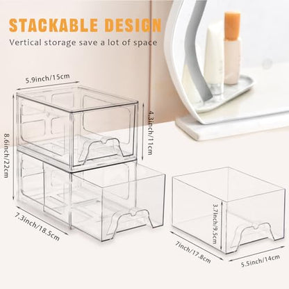 Stebopum 8 Pack Stackable Makeup Organizer, 4.4'' Tall Acrylic Bathroom Makeup Organizer and Storage Drawer with Pull-out Handle, Clear Plastic Storage Bins for Vanity,Pantry,Desk,Undersink,Kitchen - style: 8pack Small