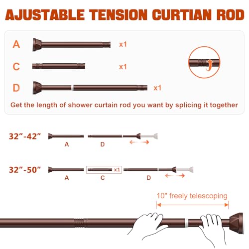 Shower Curtain Rod 32-50 Inches, No Drill Shower Rod Tension, Never Rust Anti-Slip Shower Curtain Rod for Bathroom Window, Adjustable Tension Curtain Rod. Brown - color: brown, size: 32-50 inches