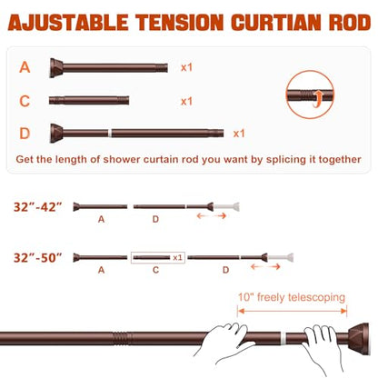 Shower Curtain Rod 32-50 Inches, No Drill Shower Rod Tension, Never Rust Anti-Slip Shower Curtain Rod for Bathroom Window, Adjustable Tension Curtain Rod. Brown - color: brown, size: 32-50 inches