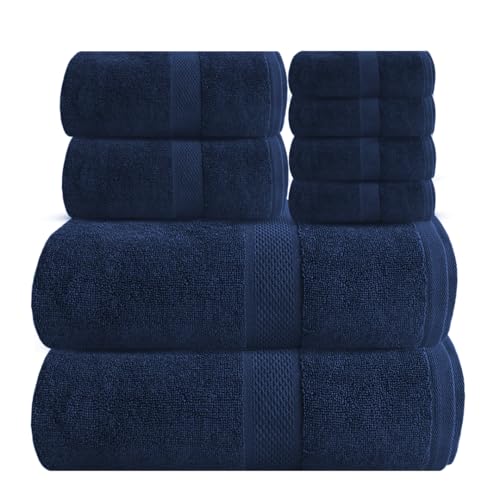Ocean Towel Set for Bathroom 100% Luxury Cotton Bath Towels Set of 8 (2 Bath Towel and 2 Hand Towel Set & 4 Wash Cloth) - Blue Soft Towels Bathroom Set 600 GSM Double Stitched for Durability - color: Navy