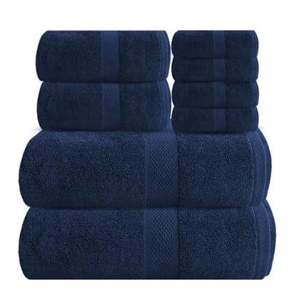 Ocean Towel Set for Bathroom 100% Luxury Cotton Bath Towels Set of 8 (2 Bath Towel and 2 Hand Towel Set & 4 Wash Cloth) - Blue Soft Towels Bathroom Set 600 GSM Double Stitched for Durability - color: Navy