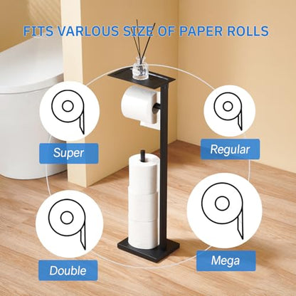 Freestanding Toilet Paper Holder Stand – Stainless Steel Bathroom Tissue Holder with Storage Tray & Roll Organizer, Square Design (Matte Black) - color: Matte Black