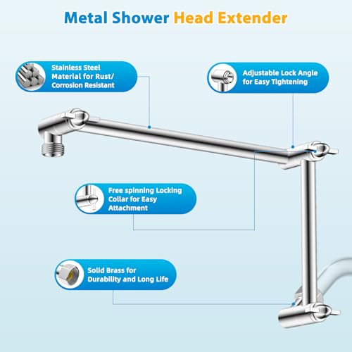 All-Metal 16" Shower Head Extension Arm, G1/2" Universal/Adjustable, Chrome | Flexible Brass Shower Head Extender Adjustable Height/Angle, Stainless Steel Rain Shower Pipe Height Extended with Lock Joint - color: Chrome, size: 16 Inch