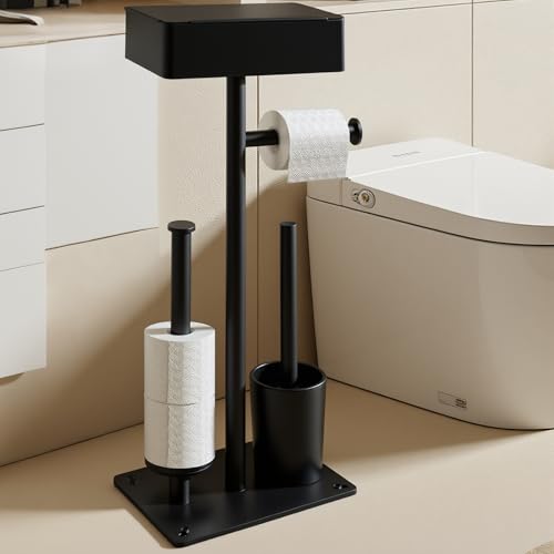 Freestanding Toilet Paper Holder Stand with Shelf, Drawer, 7-Roll Capacity | Black rustproof metal bathroom tissue holder with wipes drawer, top shelf and weighted non-slip base, stores up to 7 rolls - size: Style 2
