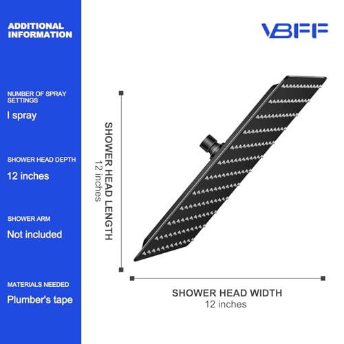 VBFF-Shower Head,rain shower head, 12 inch- Square Shower Head, 1.8 GPM Flow Rate, rainfall showerhead,VBFF09 (Matte Black) - color: Matte Black, size: 12 Inch